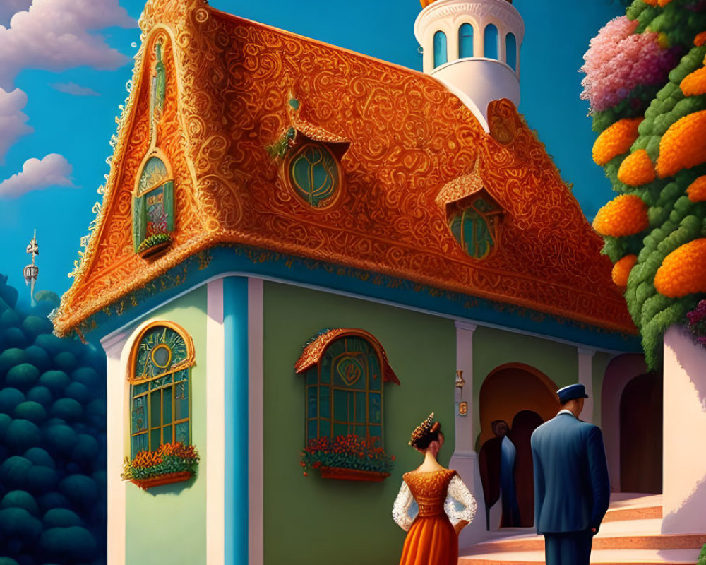 Colorful Illustration of Lady and Man by Ornate Cottage