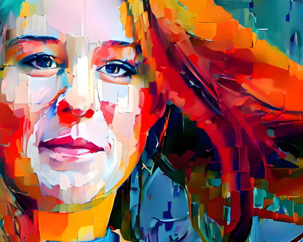 Vibrant abstract portrait of smiling woman in blue and orange hues