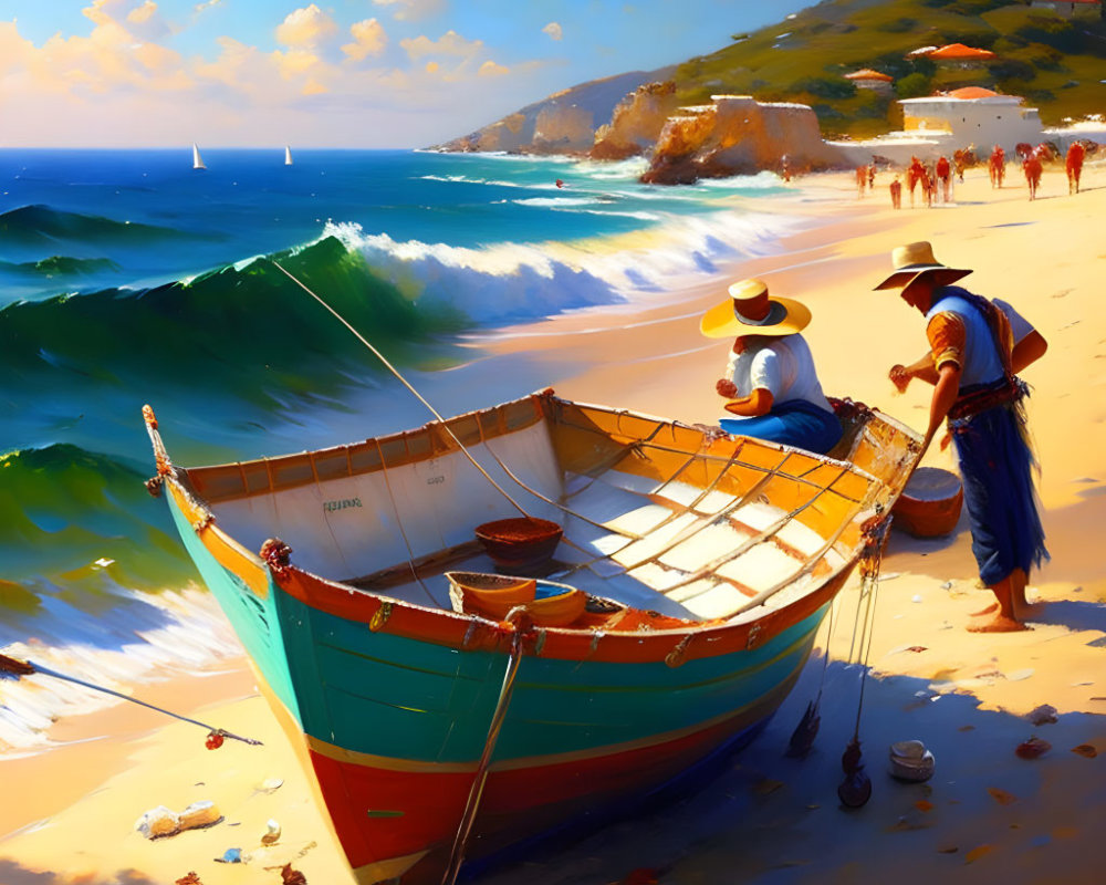 Colorful boat and people on sunny beach with cliffs in the distance.