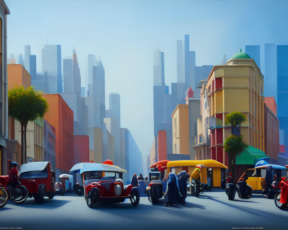 Stylized urban street scene with vintage cars and colorful buildings