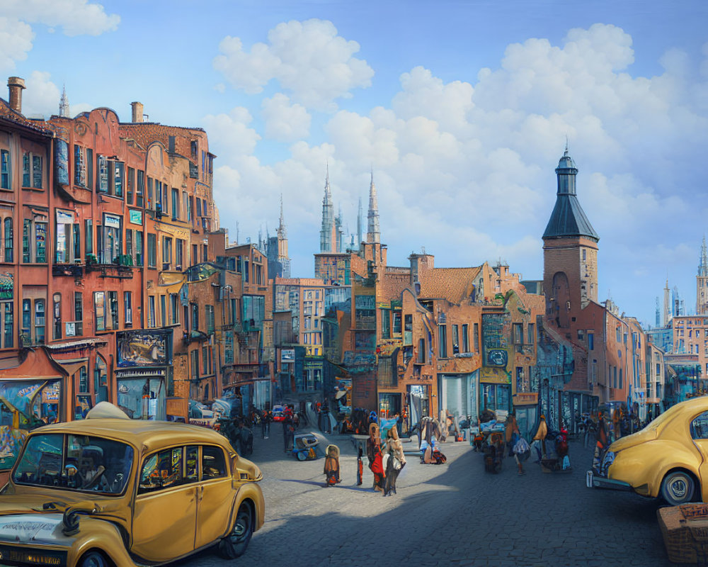 Vintage street scene with old cars, pedestrians, and historic buildings under blue sky