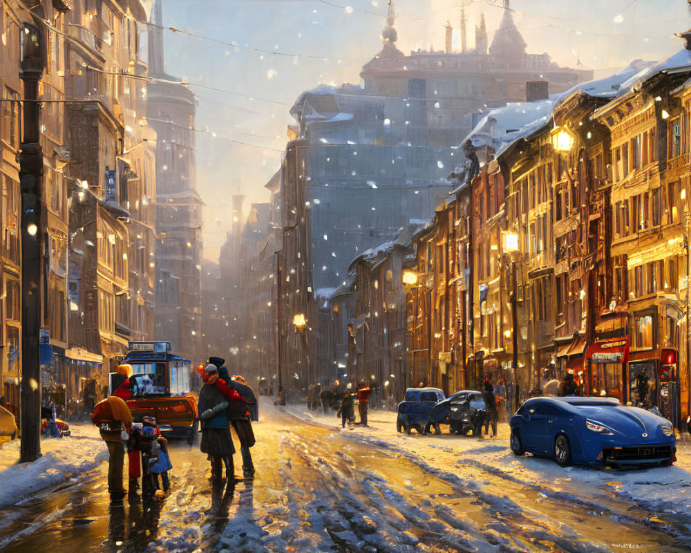 Winter city scene: snow-covered street, people walking, cars, illuminated buildings, falling snowflakes