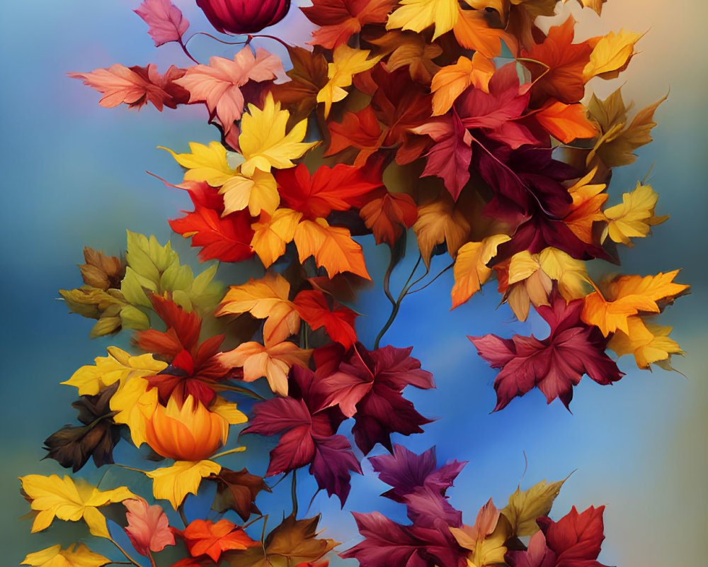 Colorful Autumn Leaves Arrangement on Blue Background