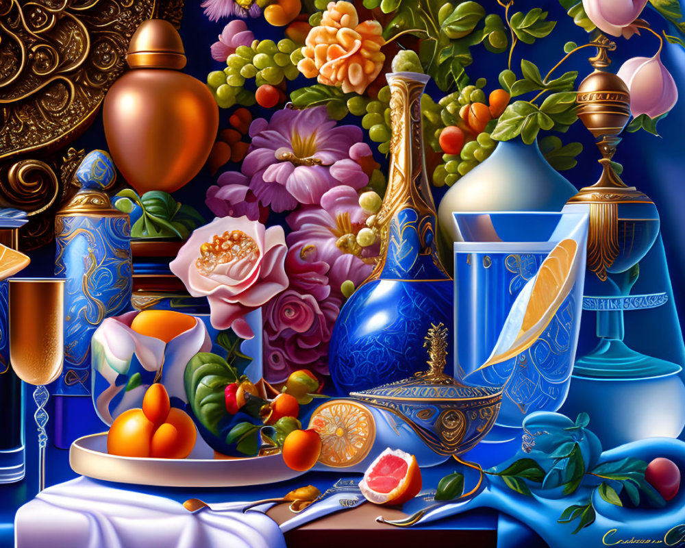 Colorful Still Life Painting with Fruits, Flowers, Vases, and Luxurious Objects