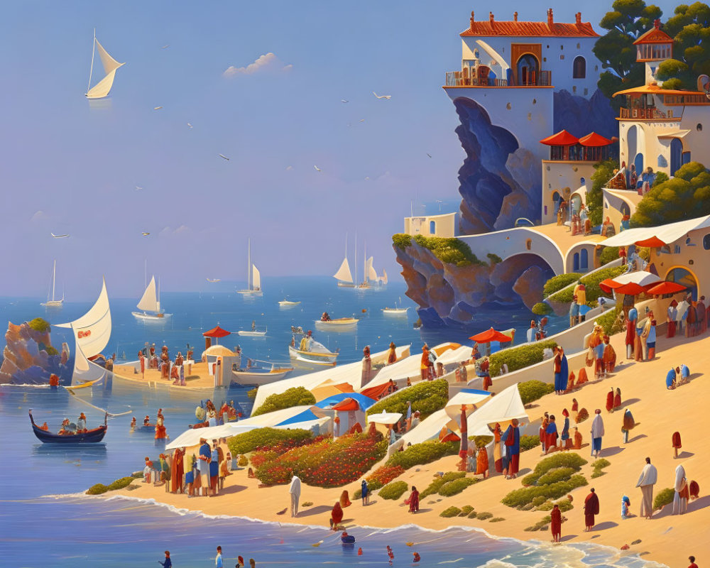 Colorful beach scene with people, boats, cliff-side building, and seagulls