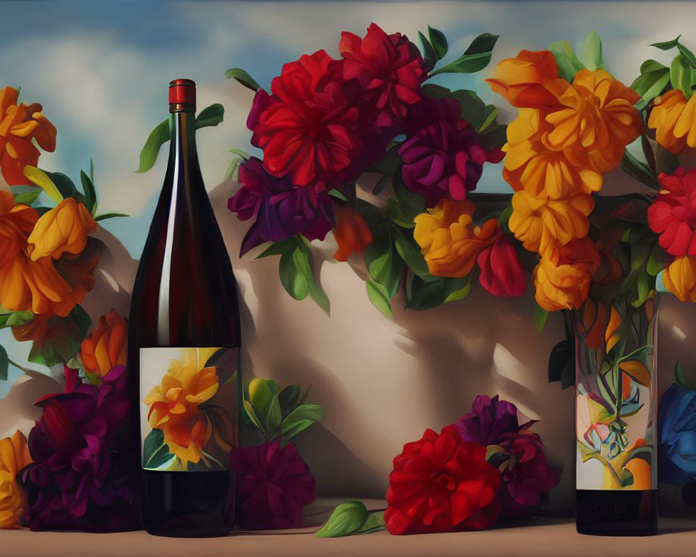 Colorful Still Life: Wine Bottle & Flowers in Soft Light