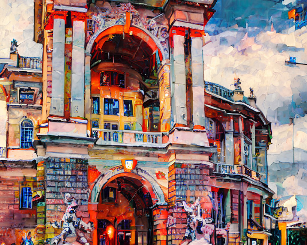 Colorful expressionistic painting of ornate archway and city street pedestrians.