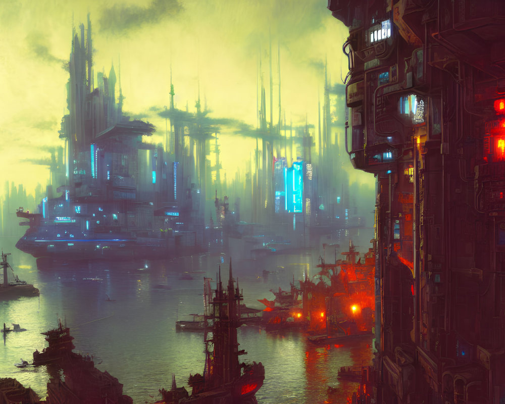 Futuristic cityscape with skyscrapers, neon signs, and floating ships above mist-covered water