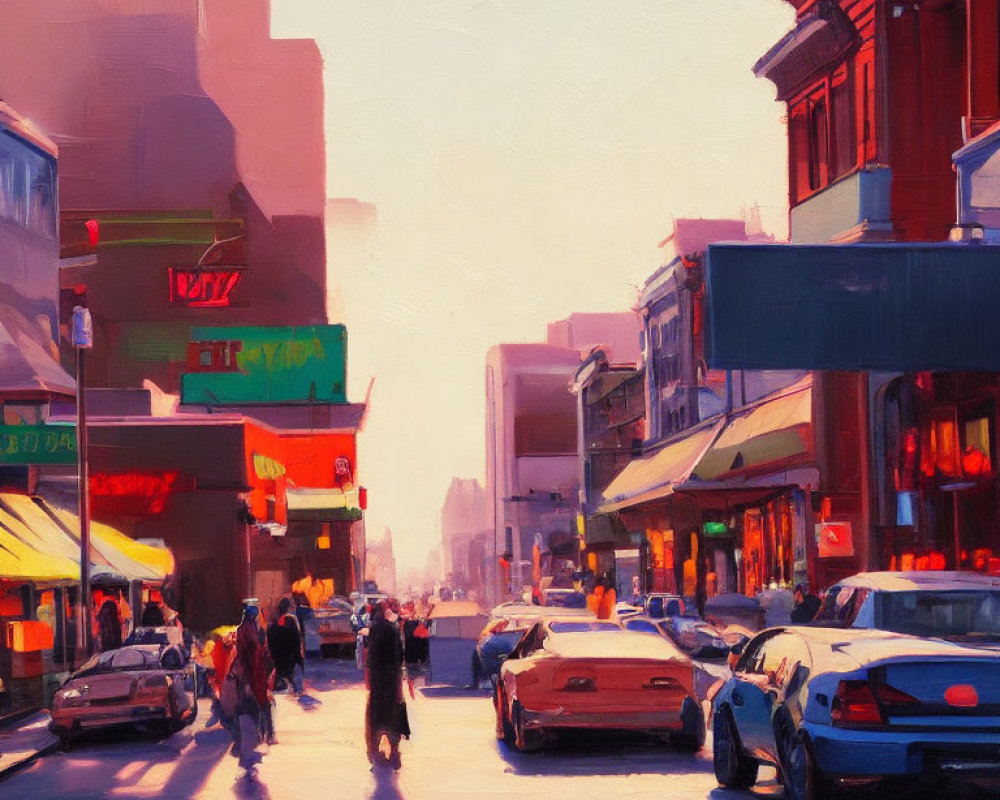 City street scene with pedestrians and parked cars in warm sunlight.