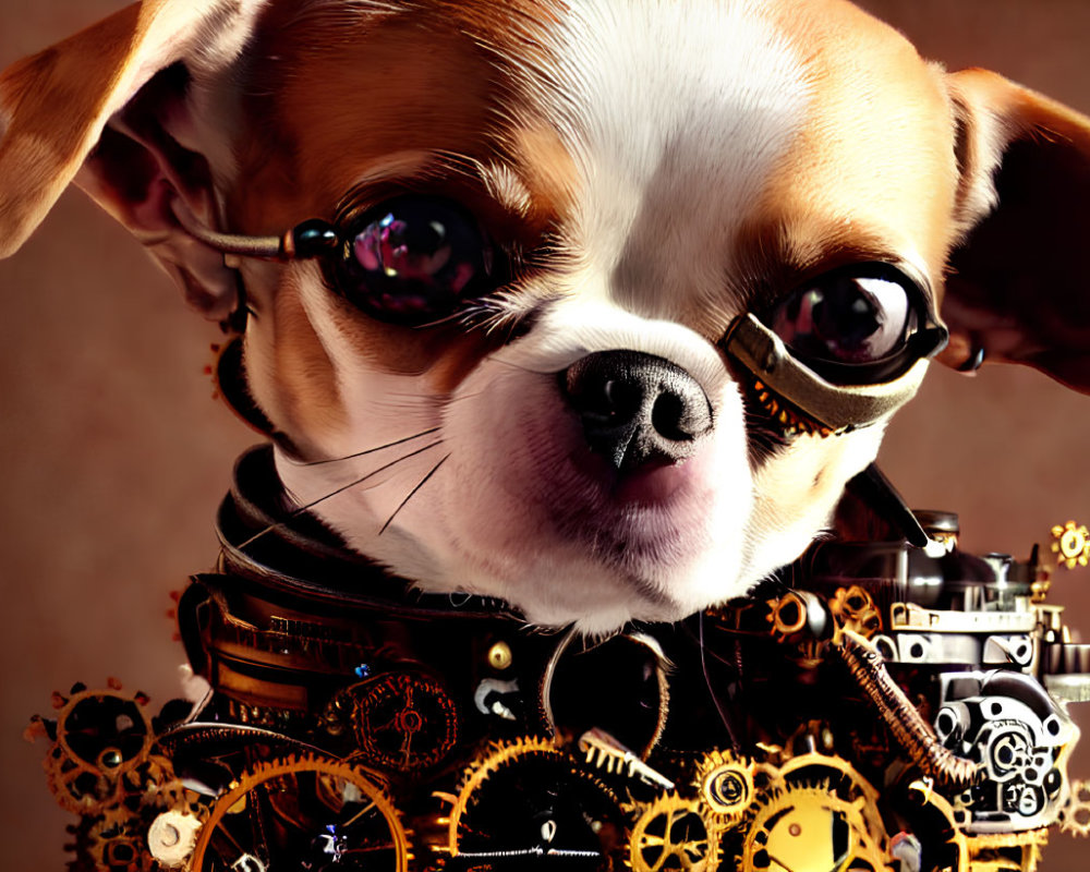 Steampunk-style chihuahua with goggles and mechanical collar on brown background