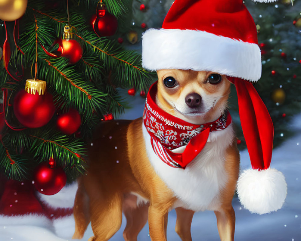 Small Dog in Santa Hat and Red Scarf by Christmas Tree with Falling Snowflakes