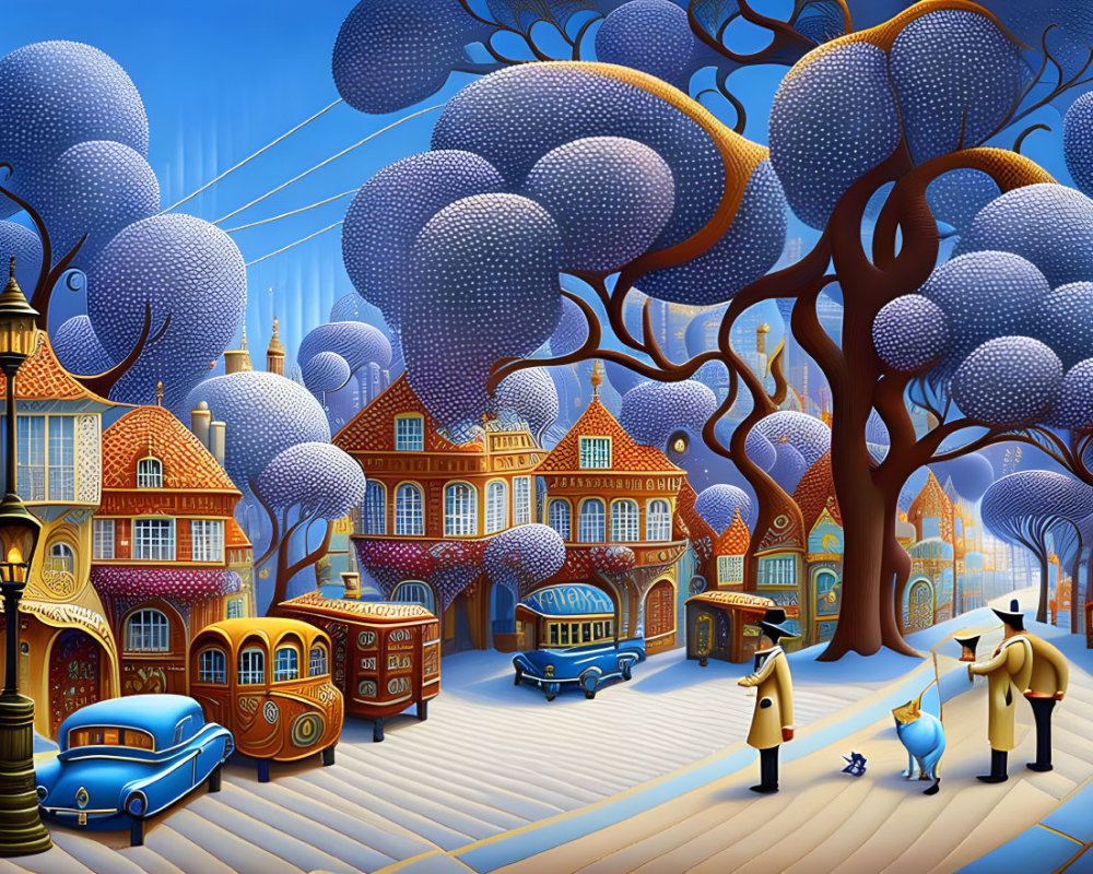 Vibrant whimsical street scene with stylized buildings, vintage car, and blue trees