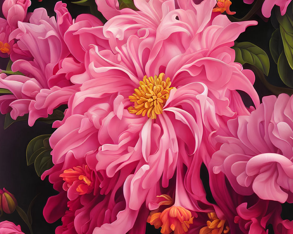 Detailed Pink Peonies in Bloom on Dark Background