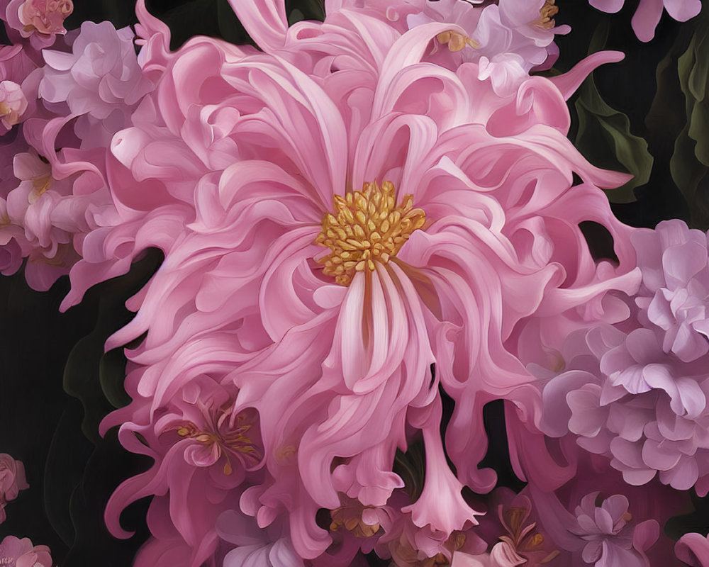 Close-Up View of Large Pink Chrysanthemum with Dark Background