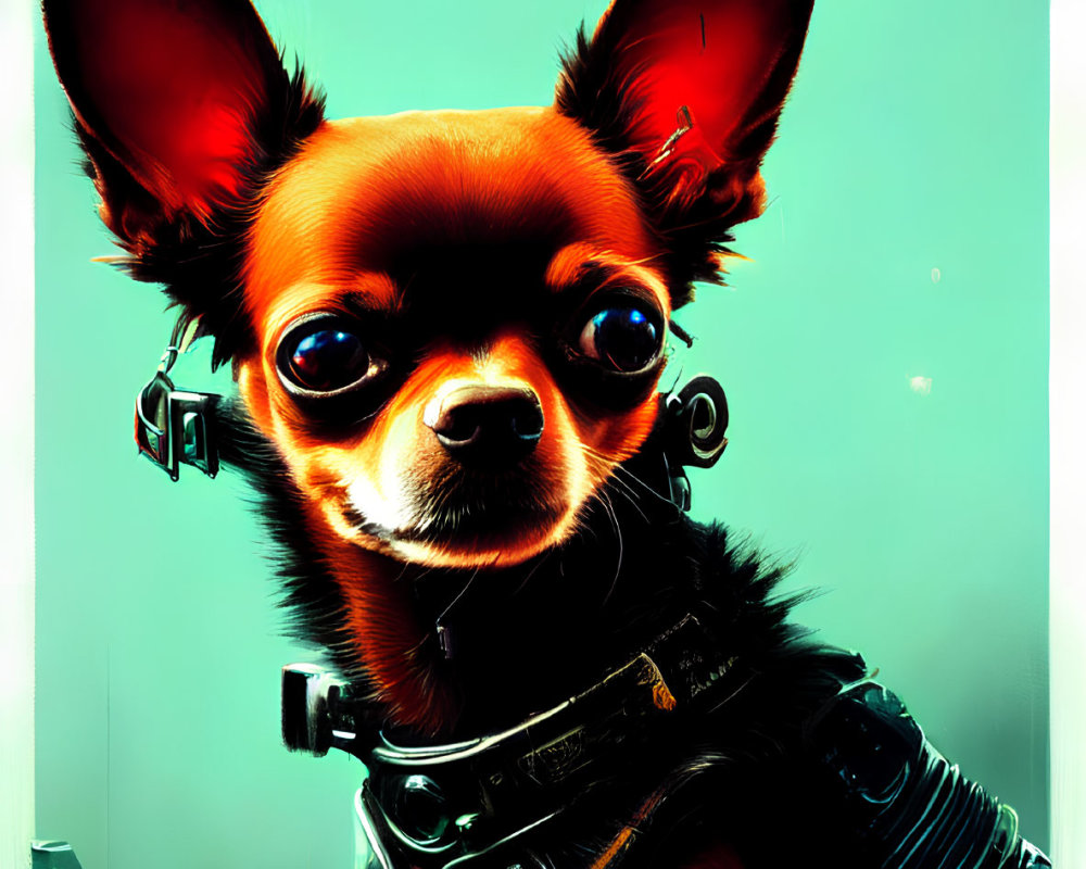 Stylized Chihuahua in Futuristic Gear on Teal Background