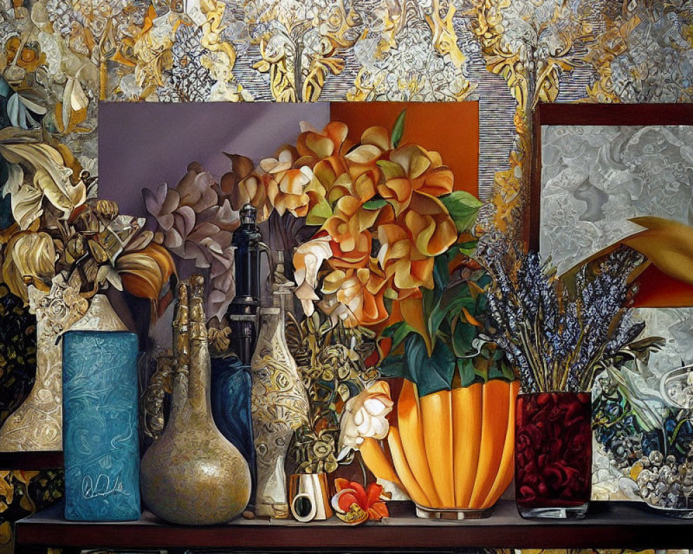 Colorful Still-Life Painting with Flowers, Intricate Patterns, and Diverse Containers