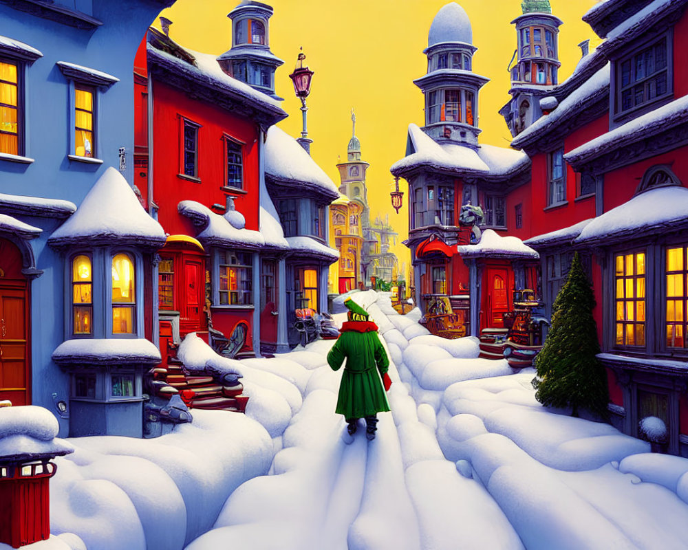 Person in Green Coat Walking Through Snow-Covered Village