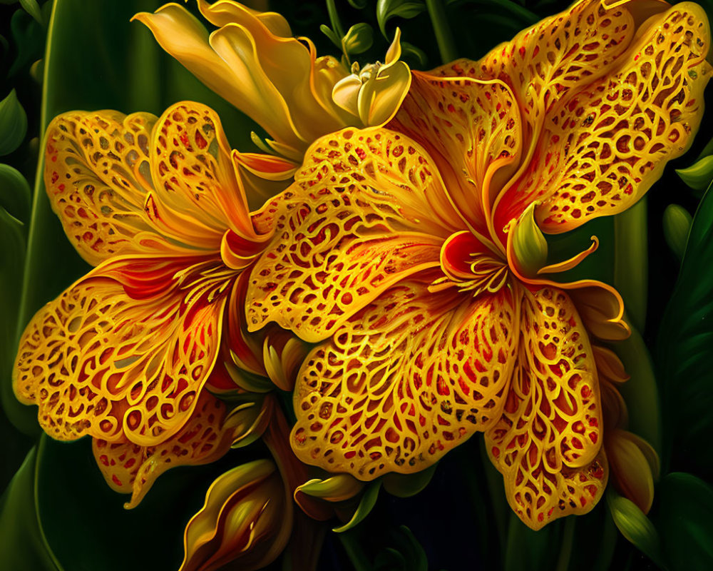 Bright Orange-Yellow Speckled Flowers in Lush Green Foliage