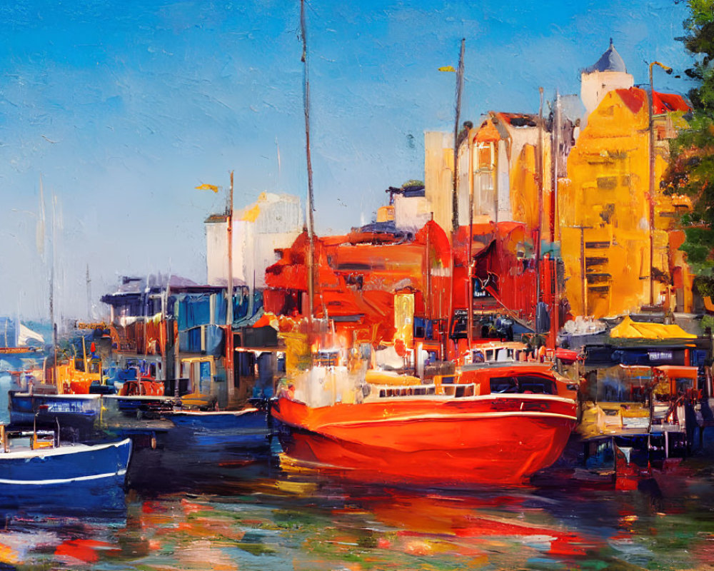 Impressionist painting of bustling harbor with colorful buildings and boats