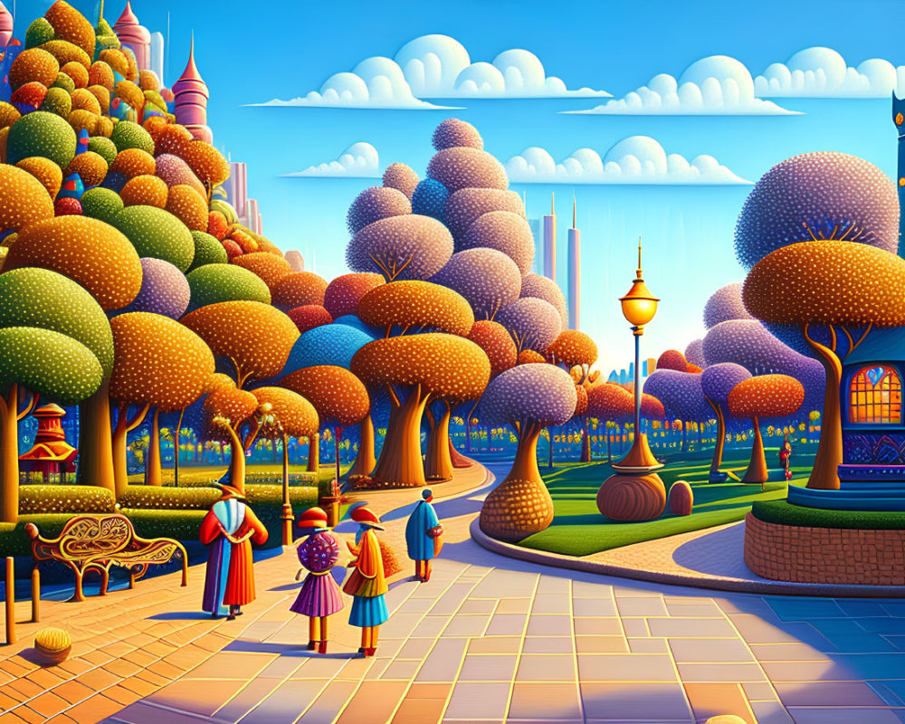 Colorful cityscape with round trees and royal characters on cobblestone path