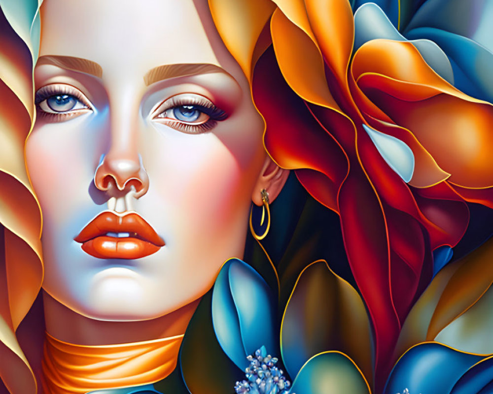 Colorful Stylized Woman Illustration with Floral Elements in Blue and Orange