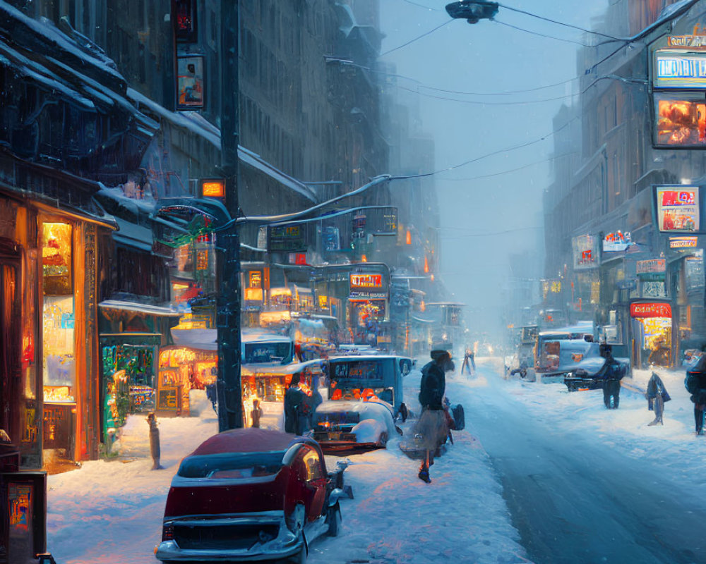 Snowy City Street at Twilight with Shop Signs, Pedestrians, and Vintage Cars