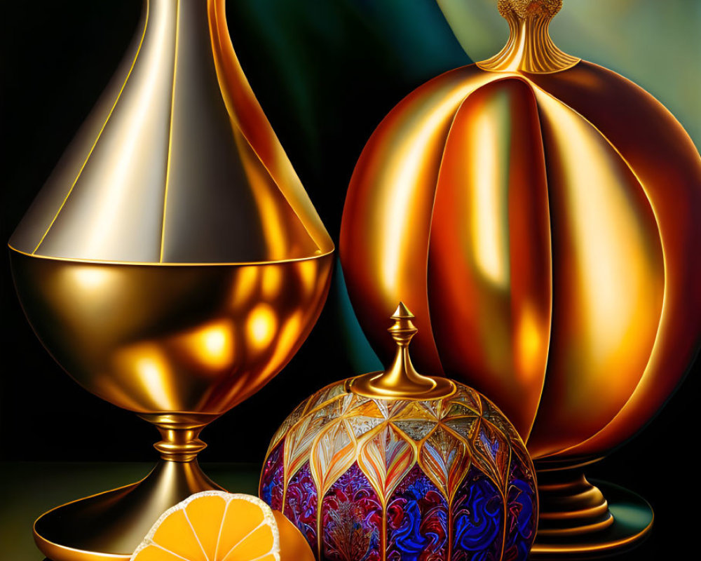 Ornate golden vases, decorated egg, citrus slices, and flowers on dark backdrop.