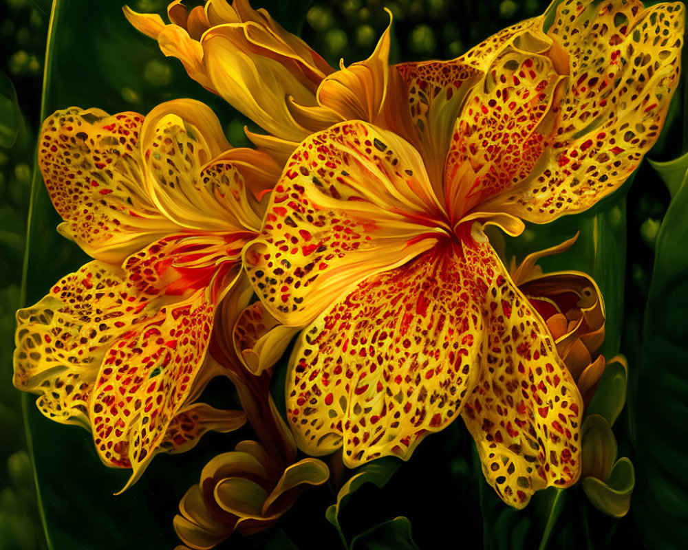 Speckled Yellow and Orange Lilies with Dark Green Foliage