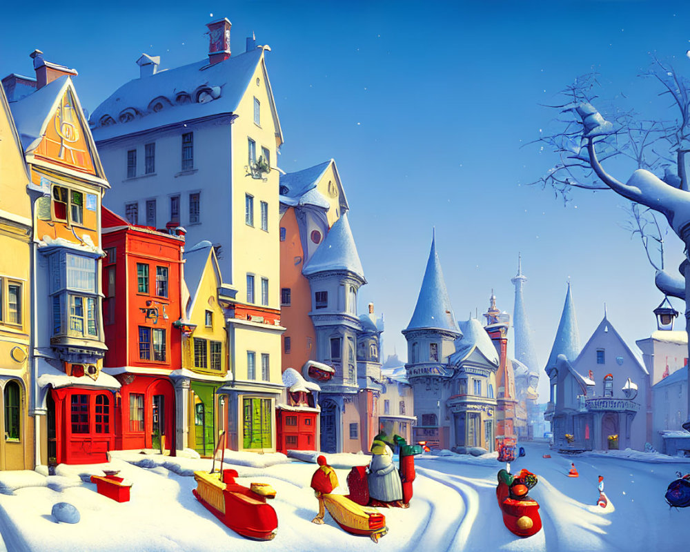 Colorful Winter Village Scene with Playful Elements