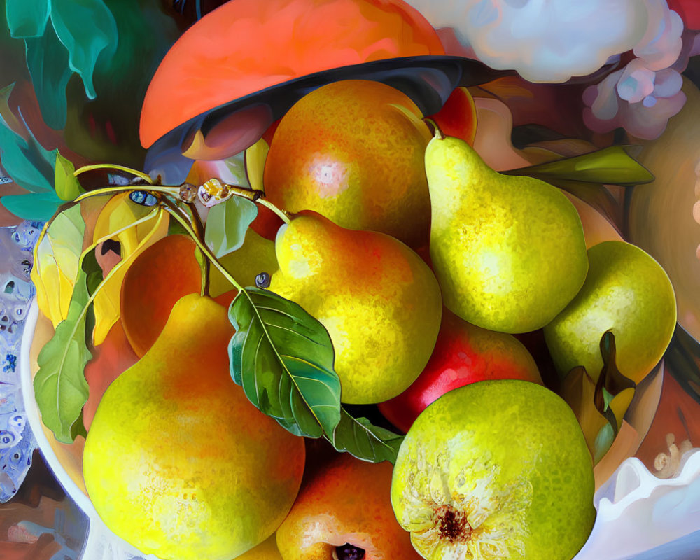 Colorful oil painting of ripe pears, apple, and leaves with light and shadow play.