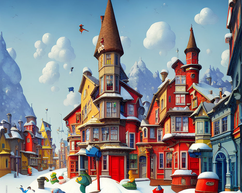 Colorful Winter Cartoon Village with Skier and Snowman