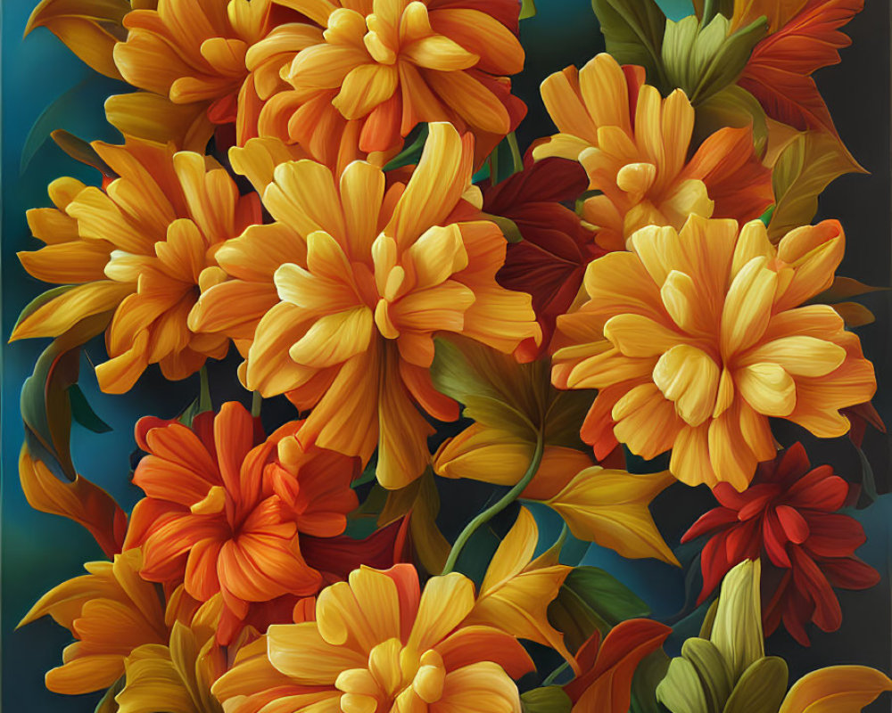 Colorful Floral Painting: Orange and Yellow Flowers on Dark Background