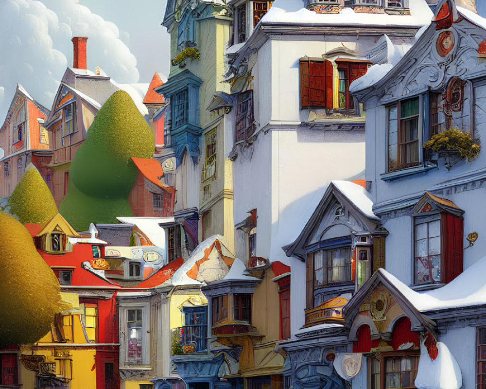 Colorful Whimsical Houses in Snowy Landscape