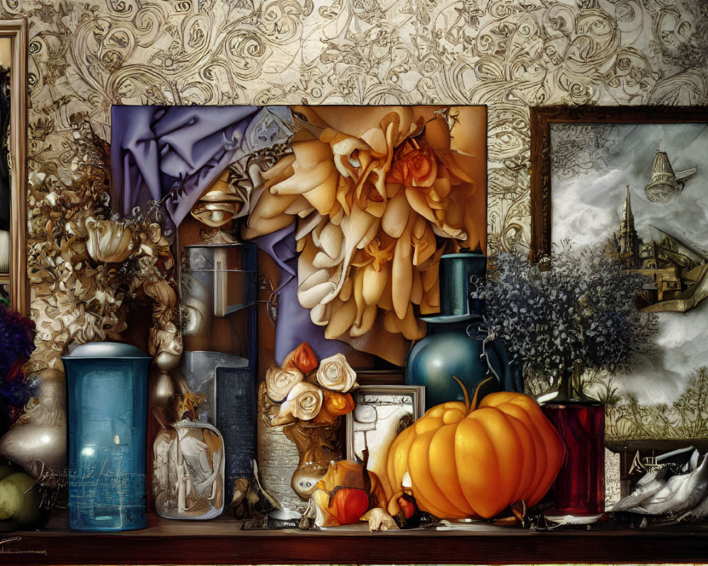 Detailed Still Life Painting with Flowers, Pumpkins, Vases, and Artwork