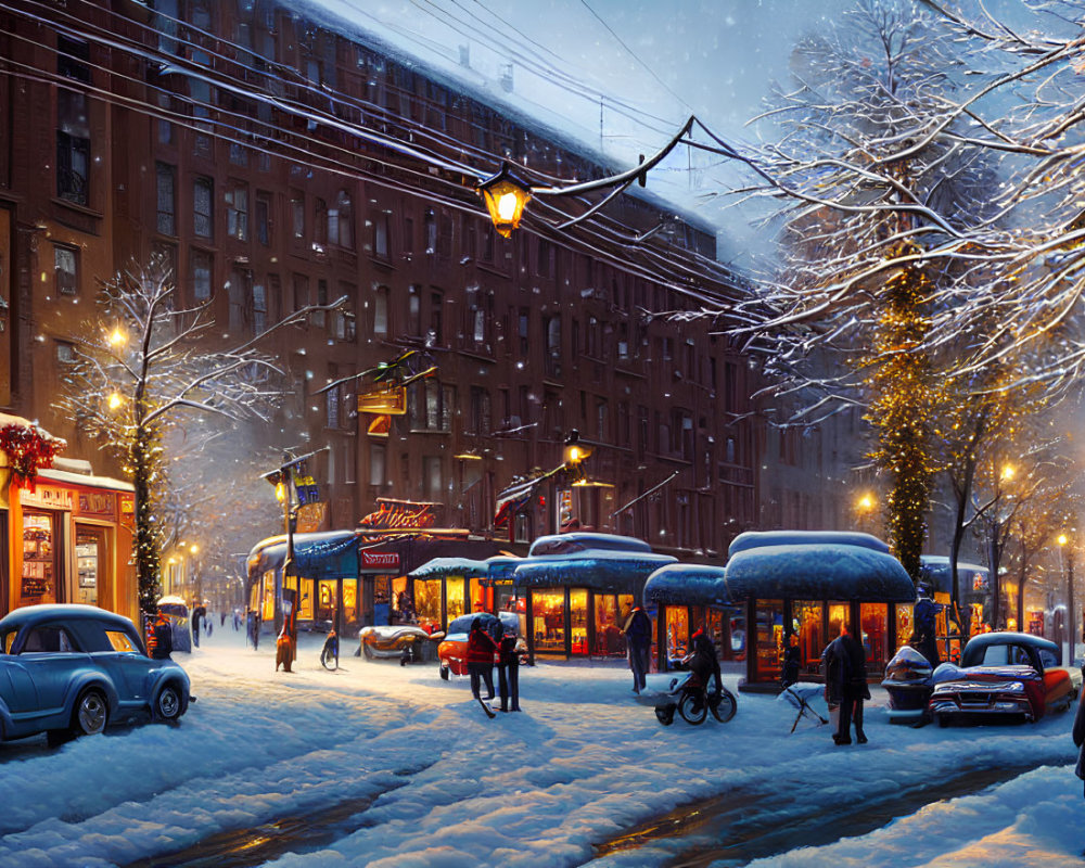 Snowy evening street scene with warm shops, pedestrians, and cars.