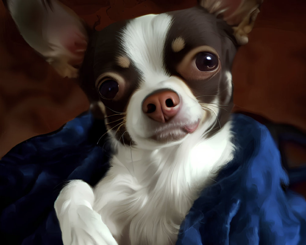 Small dog in blue blanket with expressive eyes and ears