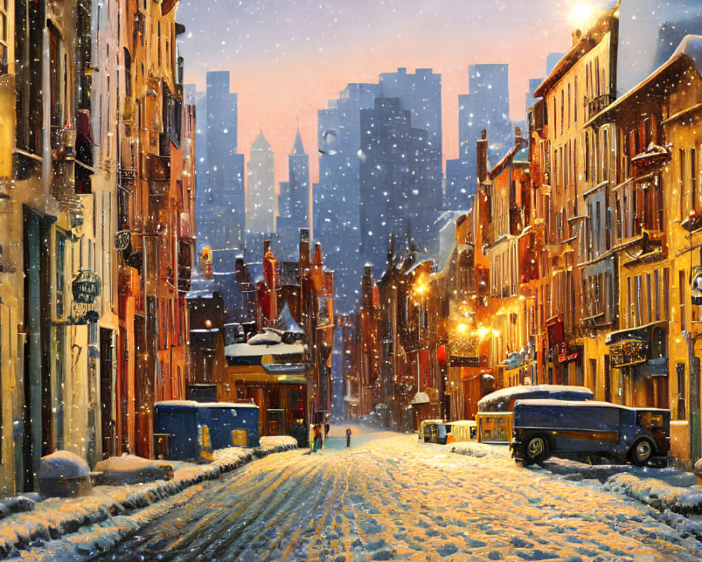 Snowy City Street at Dusk with Glowing Lights and Falling Snowflakes