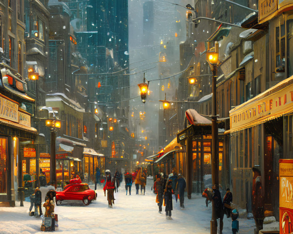 Snowy city street at night with glowing street lamps and bustling pedestrians.