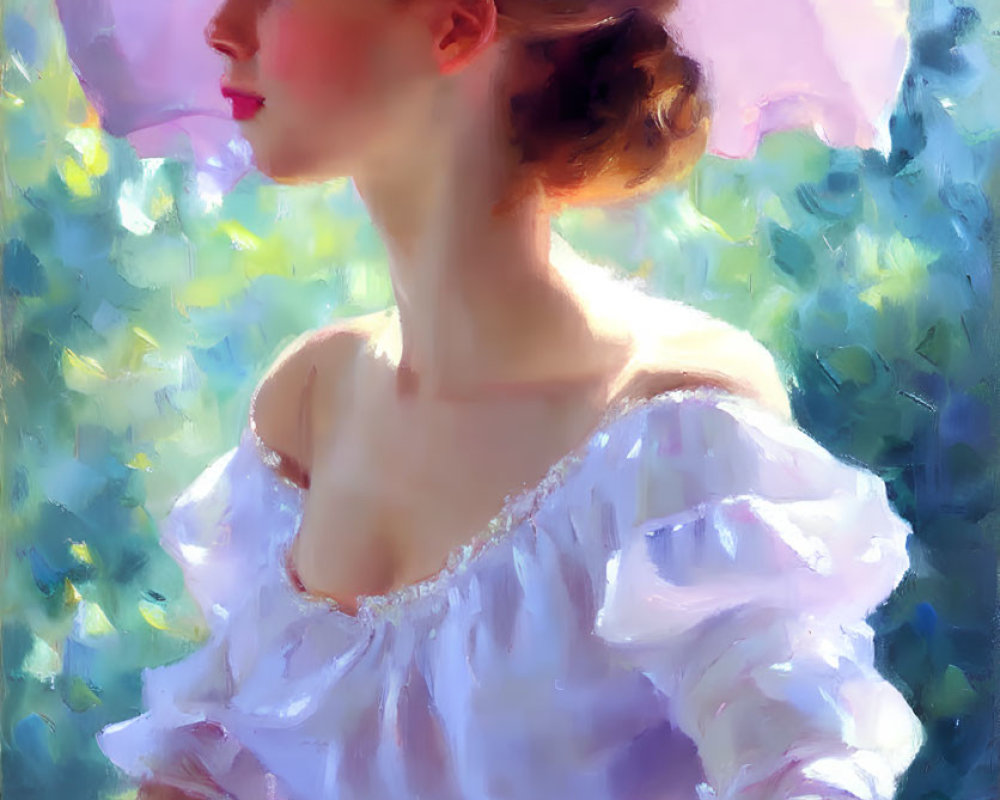 Woman in White Blouse Holding Parasol Against Green Background