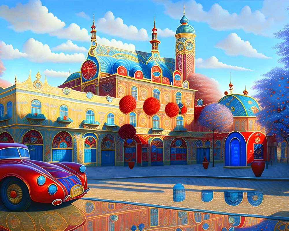 Colorful illustration of ornate building, red lanterns, classic car under blue sky