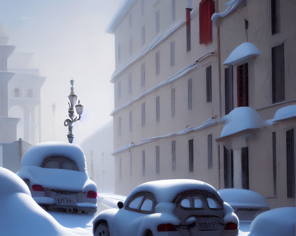 Snow-covered street scene with cars and buildings in soft winter glow