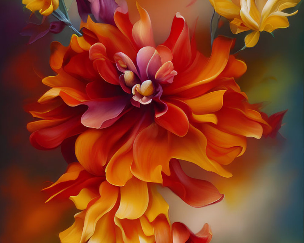 Colorful digital painting of fiery red and orange flower with yellow petals on blurred background.