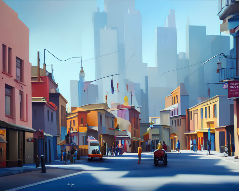 Vibrant city street scene with pedestrians, vehicles, and buildings in soft sunlight