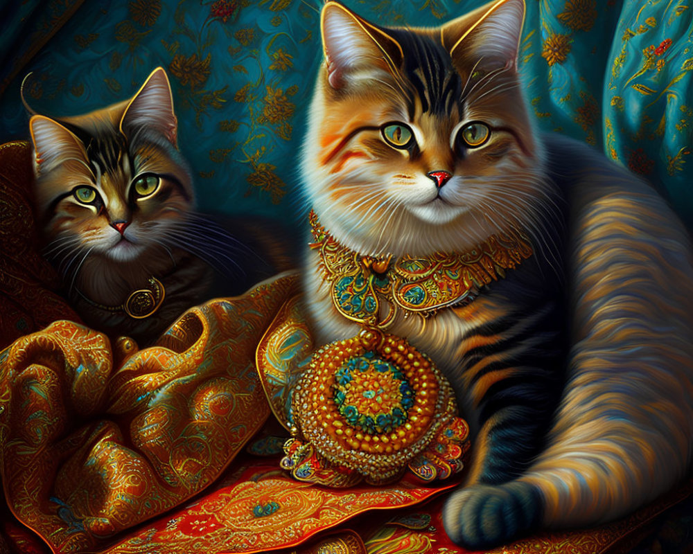 Ornately adorned cats on richly patterned background with luxurious textiles and intricate jewelry.