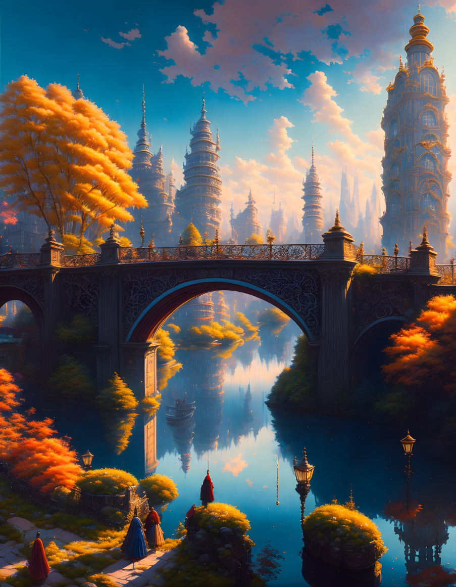 Fantasy landscape with ornate bridge, spires, cloaked figures, autumn trees in warm light