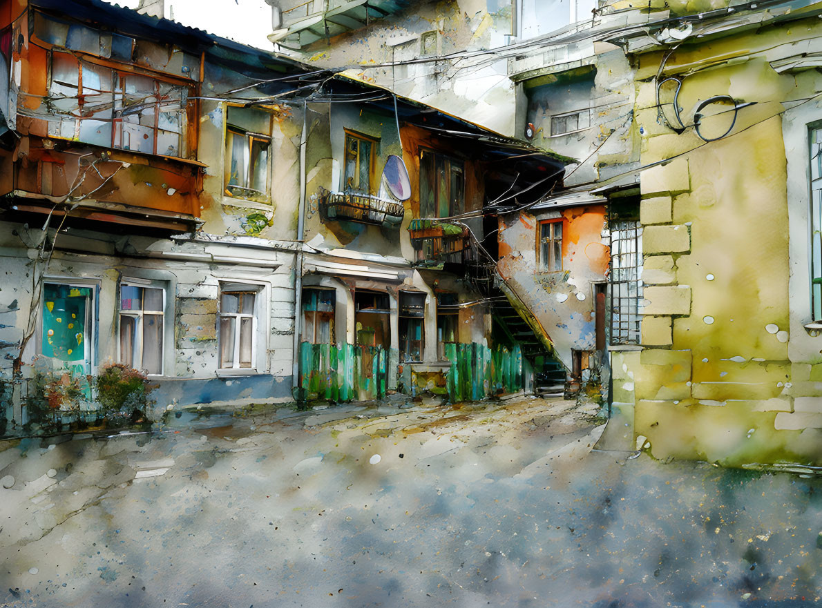 Watercolor painting of an old residential building with balconies and tangled wires