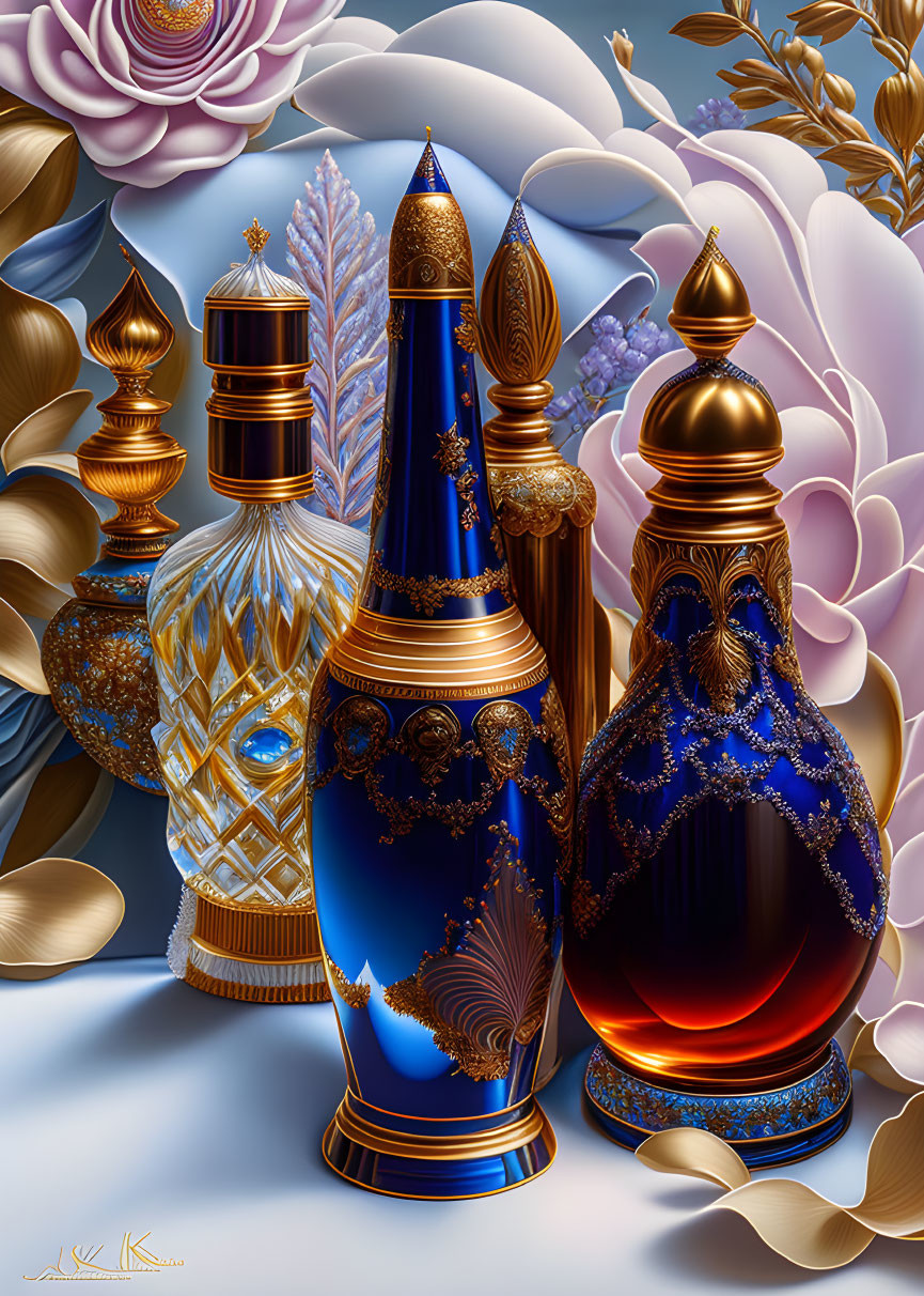 Ornate Perfume Bottles with Gold Patterns and Floral Background