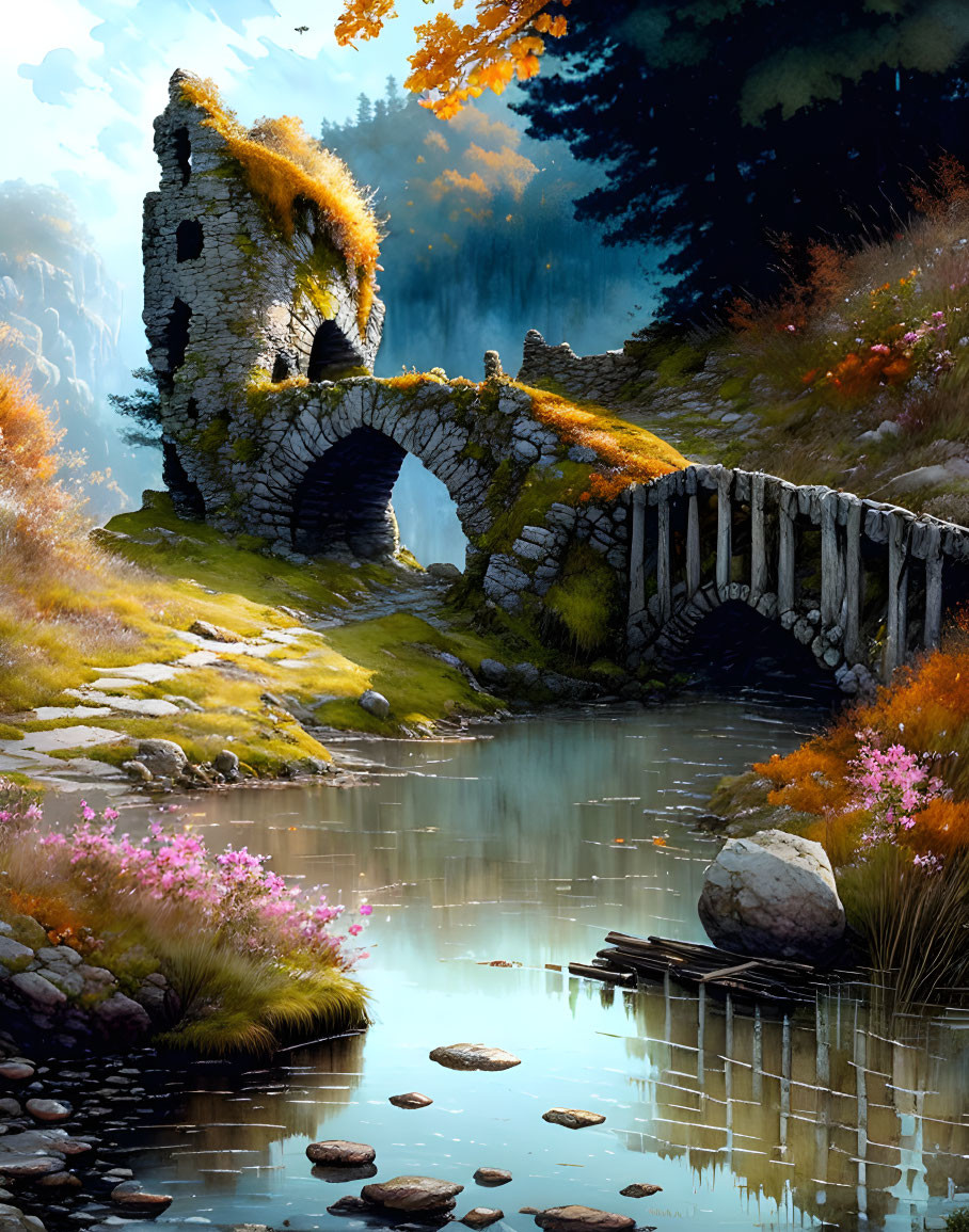 Ancient stone bridge with rustic tower over serene river amid autumn trees and blooming flowers