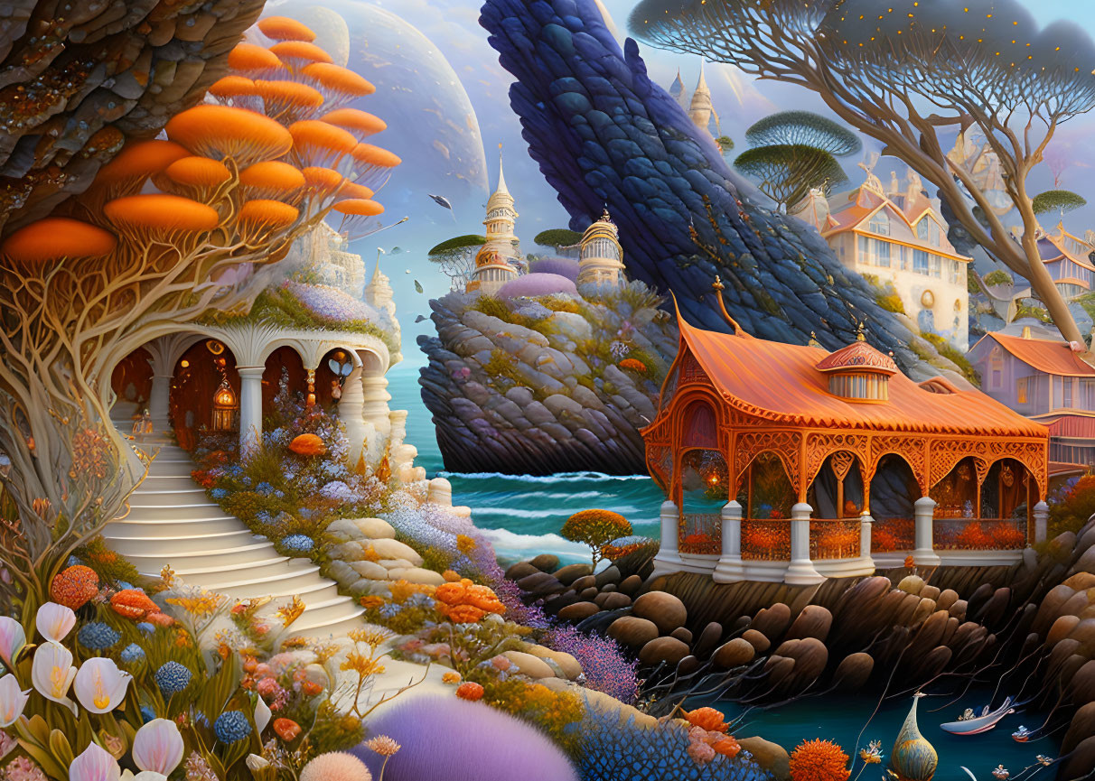 Fantasy landscape with whimsical trees, coral formations, buildings, and waterway