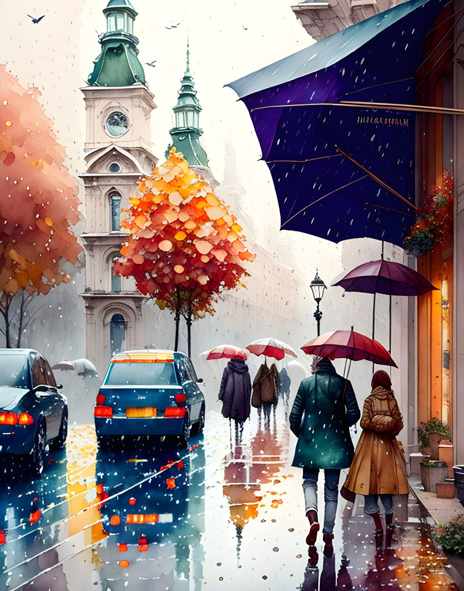 Rainy autumn city street with pedestrians under umbrellas and historic buildings.